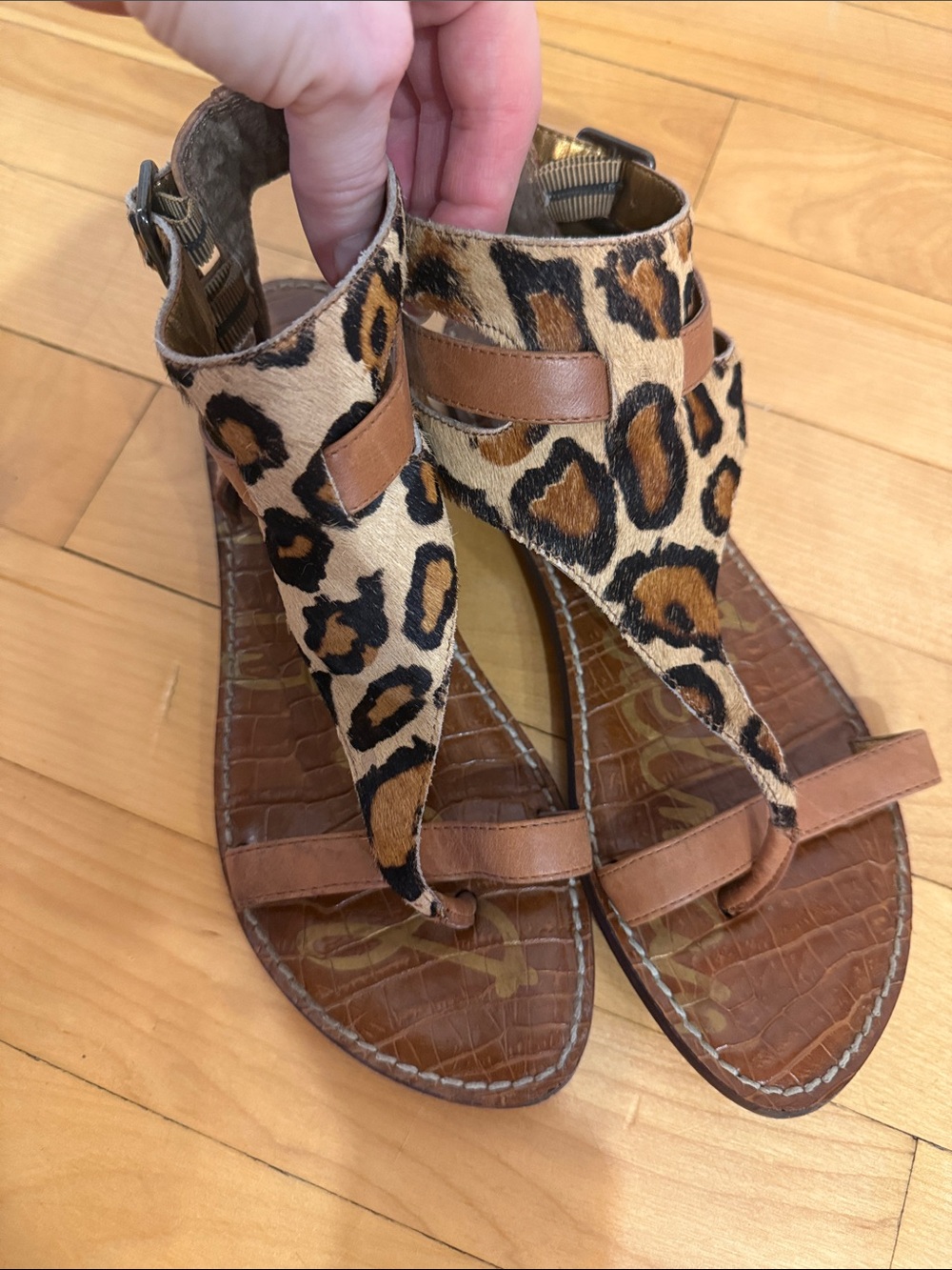 Sam Edelman Leopard Print Brown and Cream Toe-Ring Ankle Strap Sandals